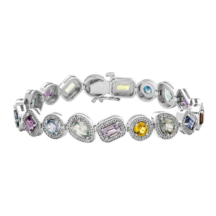 14.60 tcw Madagascar Sapphire Bracelet - 14 kt. White gold - Bracelet Sapphires - 13.40 ct Sapphires - 1.20 ct Diamonds