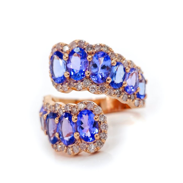 4.60 ct Blue Tanzanite & 1.20 ct N.Fancy Pink Diamond Ring - 6.34 gr - Ring - 14 karaat Roségoud Tanzaniet 