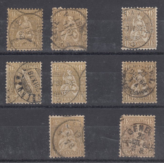 Sveitsi 1864 - 8 kpl kallista 1 frangin postimerkkiä - 4x die teuren Farbtöne