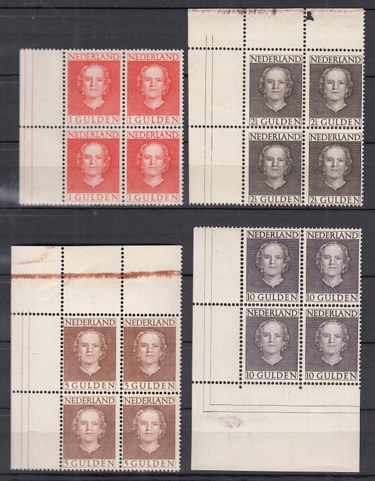 Pays-Bas 1949 - Reine Juliana type 'En Face', en blocs (d'angle) de quatre - NVPH 534/537