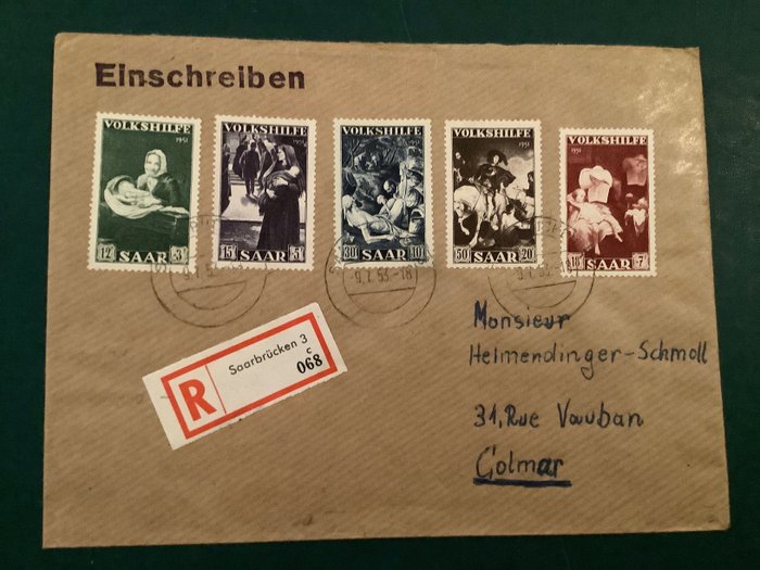 Saarland 1951 - Gemalde II om ekte rekommandert brev til Colmar - Michel 309/313