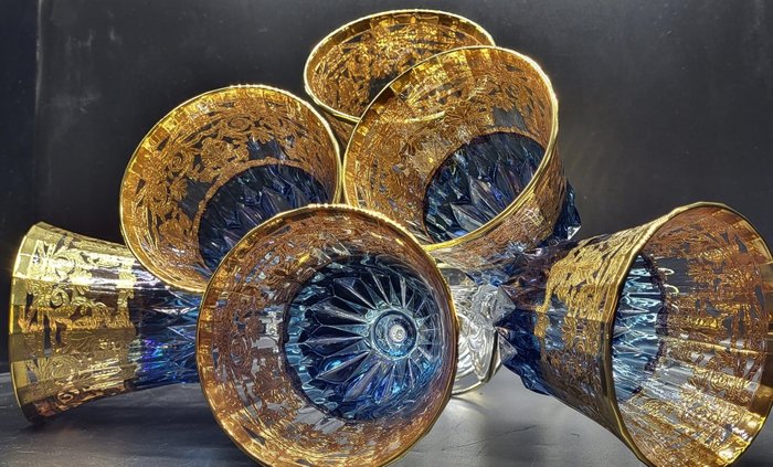 Antica cristalleria italiana - 杯具組 (6) - 金屬藍色和純金色的豪華高腳杯 - .999 (24 kt) 黃金, 水晶