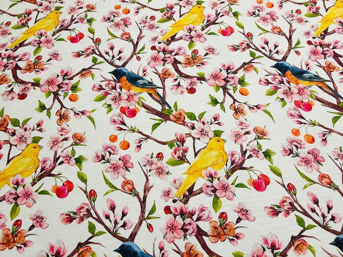 精制棉质面料，桃树上的小鸟图案 - GCFabrics 独家- - 室内装潢面料  - 300 cm - 280 cm