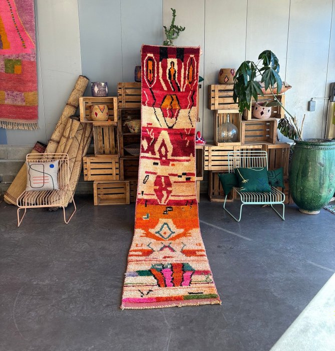 Marokkanischer traditioneller orangefarbener Boho-Berberteppich – marokkanischer Läuferteppich - Teppich - 380 cm - 75 cm