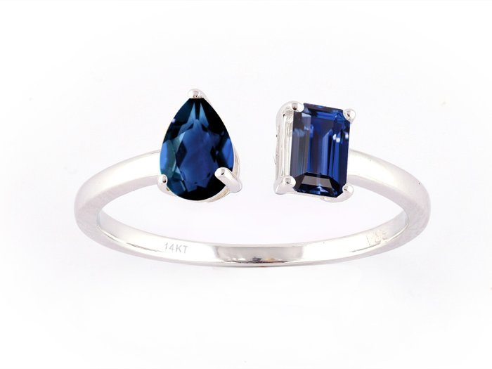 戒指 - 14 克拉 白金 -  0.85 tw. 藍寶石 