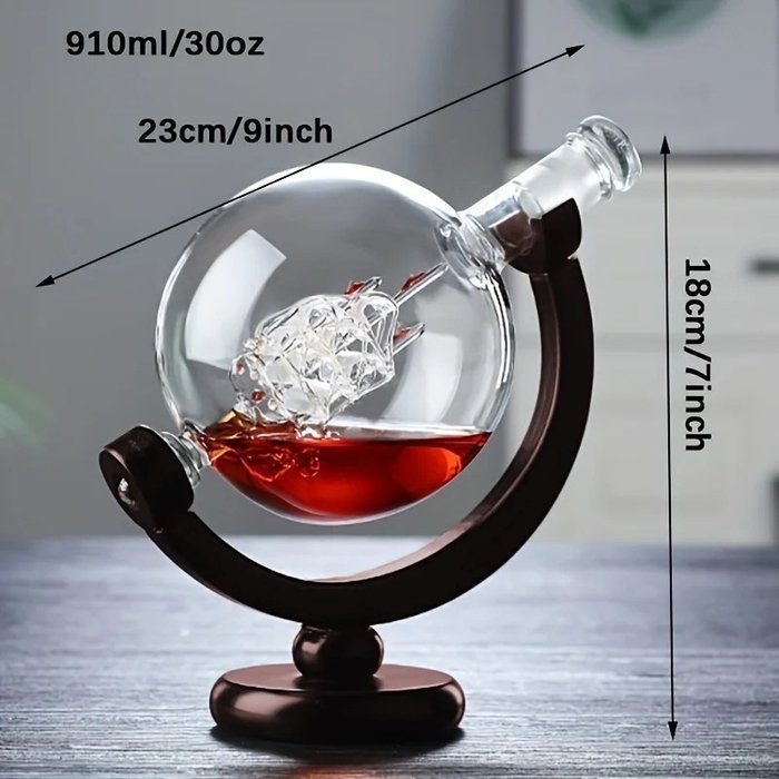 Decanter (3) - Set di decanter per whisky/cognac di lusso Globe su supporto in legno - Vuoto, pronto per essere - Vetro legato a piombo