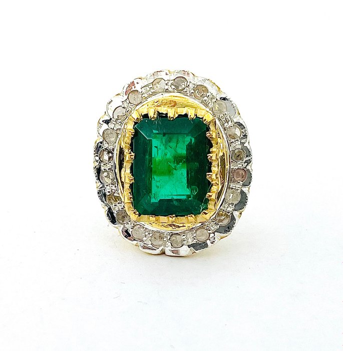 NO RESERVE PRICE "ART DECO" - 9 Kt Gold, Silber - Ring Smaragd - Diamant