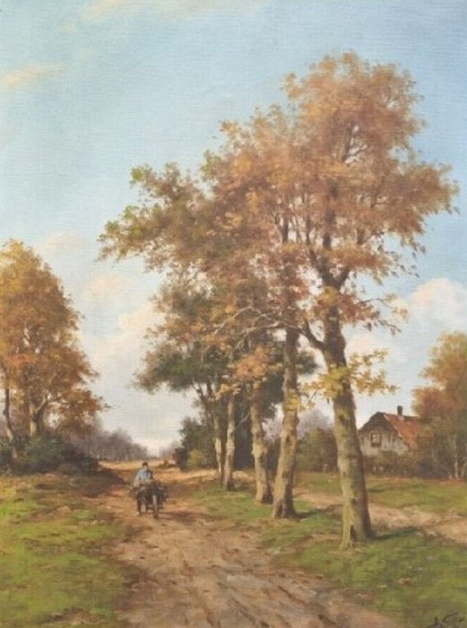 Adriaan Marinus Geijp (1855-1926) - Bauer mit Schubkarre in Waldlandschaft