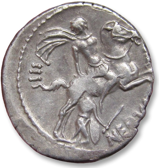 Roman Republic. A. Licinius Nerva. Denarius Rome mint 47 B.C. - scarcer type in great condition -