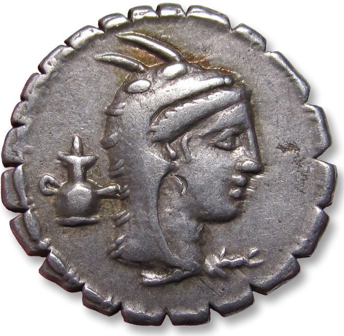 Romeinse Republiek. L. Papius, 79 v.Chr.. Denarius Rome mint - oil lamp & lagynos symbol combination -
