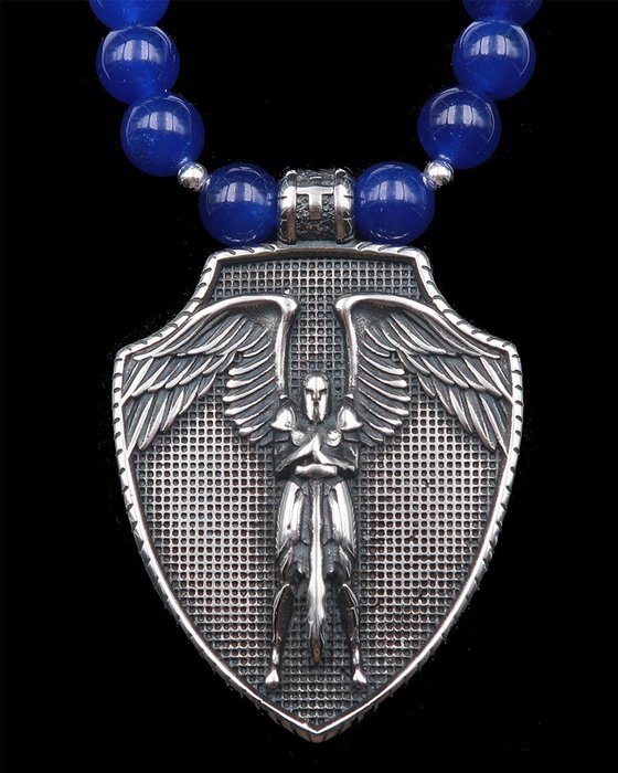 蓝宝石 - 强大的保护项链 - 大天使迈克尔 - 925 银扣和珠子 - 项链
