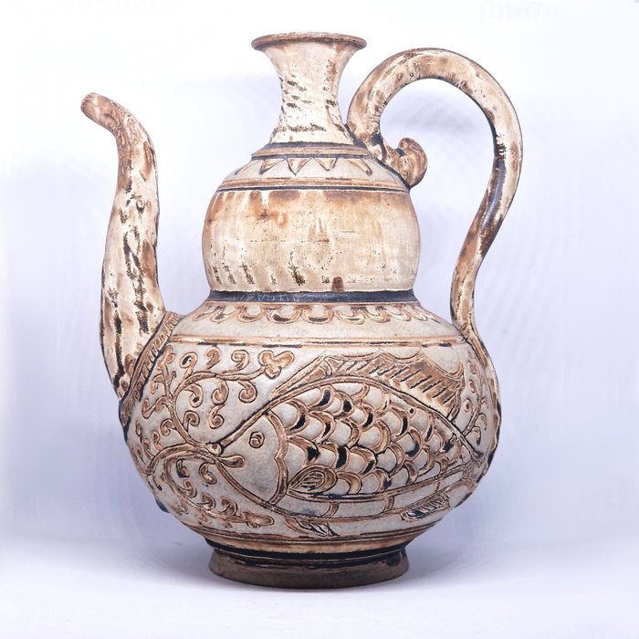 緬甸/暹羅 彩繪陶瓷 酒壺 w.魚和樹葉裝飾 - 185 mm