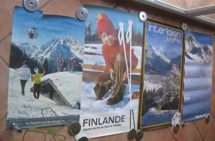 Anonymous - 4 affiches  neige et ski  Suisse,Allemagne,Finlande .... - Années 1960