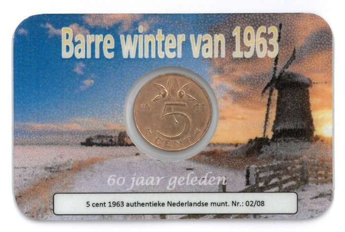 荷兰. Juliana (1948-1980). 1963 Coincard "Barre winter van 1963 - Serienummer 001". Private uitgave  (没有保留价)
