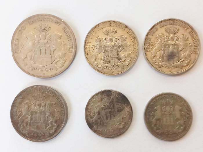 Tyskland, Hamburg. 6 Silbermünzen, (1 x 5 Mark, 3 x 3 Mark 2 x 2 Mark) 1876-1913