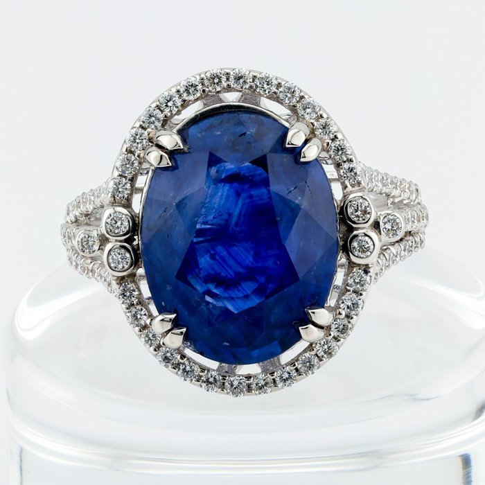 "GIA" - Sapphire 6.30 Ct & Diamond Combo - 戒指 - 18K包金 白金