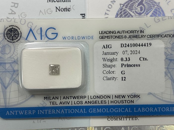 1 pcs 钻石 - 0.33 ct - 公主方形 - G - I2 内含二级, NO RESERVE PRICE