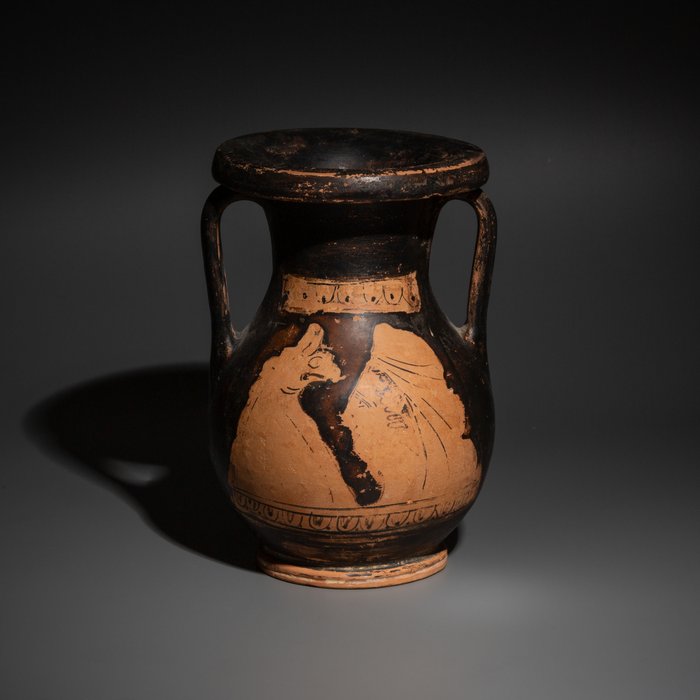 Altgriechisch Keramik Pelike mit Greif und Amazonen. Kertsch-Stil, Gruppe „G“. 5. Jahrhundert v. Chr. 16,5 cm.
