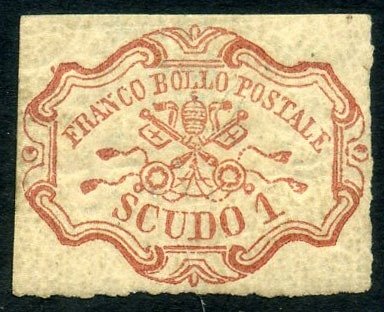 Italienische antike Staaten - Kirchenstaat 1852 - Wappen, 1 karminrosa Schild, sehr gut gerandet, jedoch leicht gedünnt. Experte - Sassone N. 11