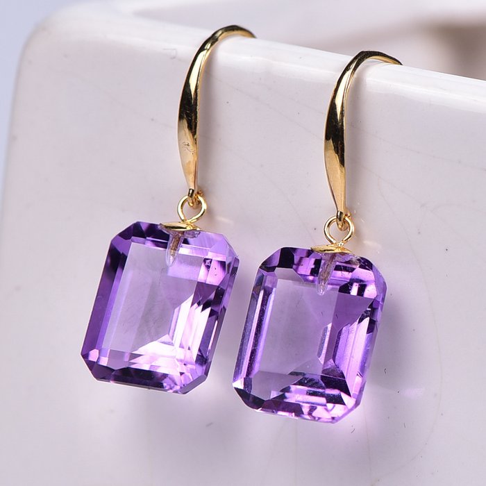 无底价 - 紫水晶耳环 - 精美手工切割和抛光 - 18K金- 2.7 g