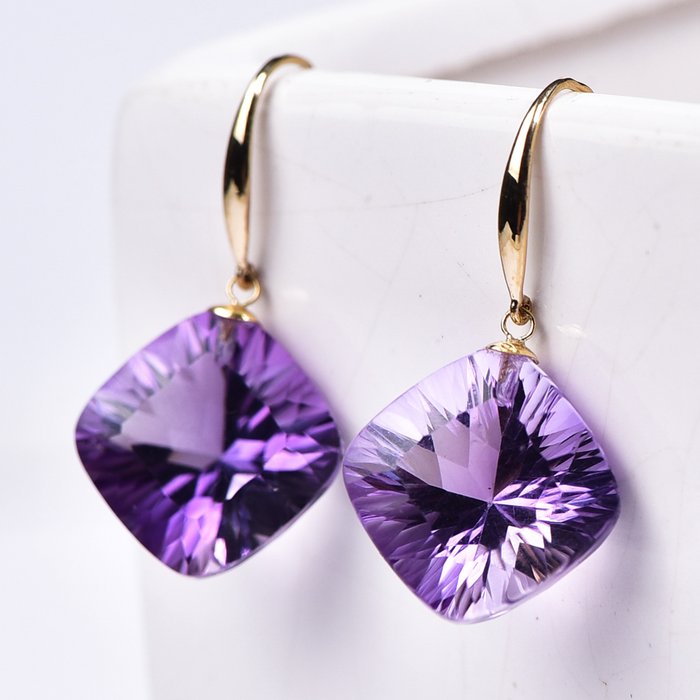 No Reserve Price - Amethyst Earrings - Exquisitely Hand-Cut and Polished - 18K Gold- 3.31 g