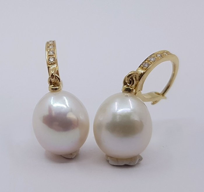 10x11mm White Edison Pearl Drops - 0.09Ct - Boucles d'oreilles - 14 carats Or jaune