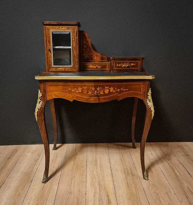 Schreibtisch - Bronze, Holz, Rosenholz, Leder, Intarsien aus Obstholz