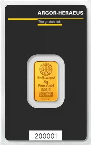 5 grams - Guld .999 - Argor Heraeus 5 Gramm Goldbarren in Blister - Förseglad och med intyg