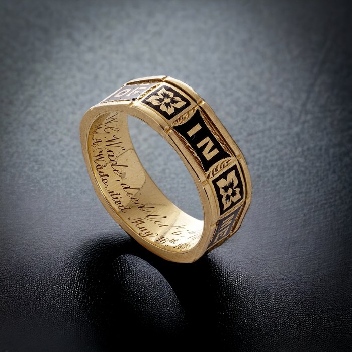 Δαχτυλίδι Κίτρινο χρυσό, Βικτωριανό πένθιμο μαύρο σμάλτο 