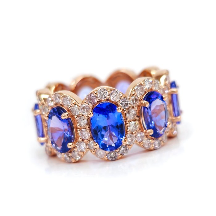 7.60 ct Blue Tanzanite & 2.25 ct  N.Fancy Pink Diamond Ring - 8.24 gr - 14K包金 玫瑰金 - 戒指 - 7.60 ct 坦桑石 - 钻石