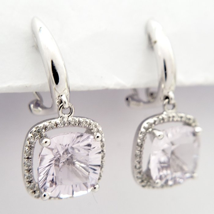 Boucles d'oreilles - Or 14 ct - Or blanc Améthyste - Diamant 