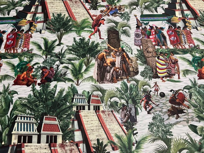 Raro ed esclusivo tessuto in cotone- tema popolo Azteco - 室內裝潢織物  - 300 cm - 280 cm