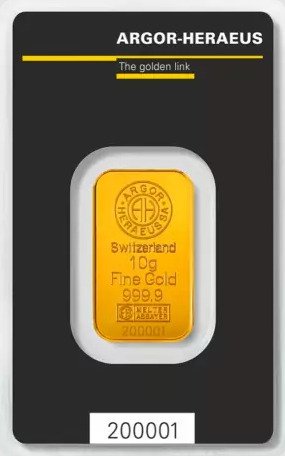 10 gram - Gull .999 - Argor, Heraeus - Forseglet og med sertifikat