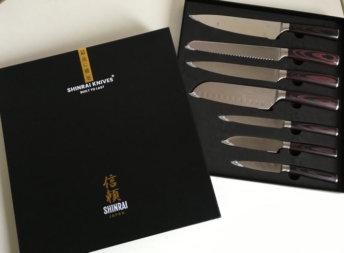 Shinrai Japan™ - Μαχαίρι κουζίνας - Επαγγελματικό χειροποίητο σετ μαχαιριών σεφ 7 τεμαχίων - Ανθρακούχο χάλυβα (ανοξείδωτο) - Ξύλο Pakka - Ιαπωνία