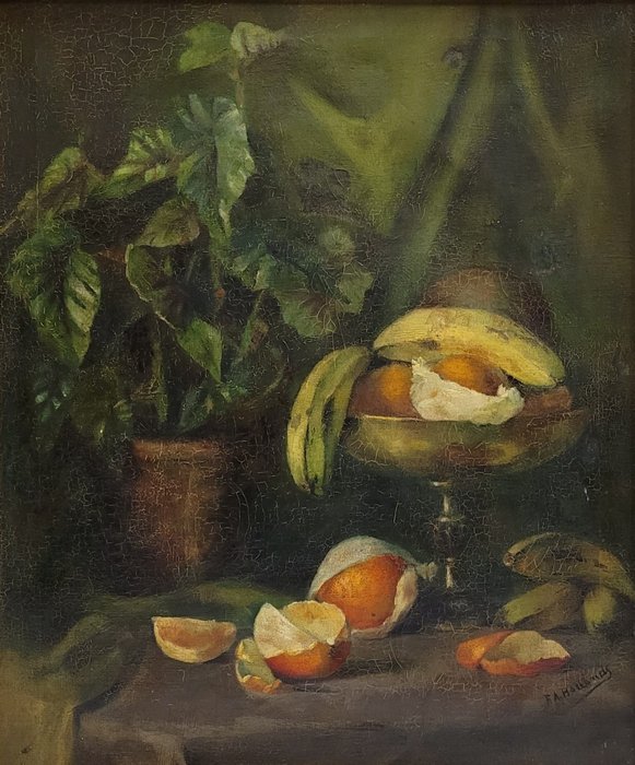 F. A. Hollands (XIX-XX) - Natura morta con coppa di frutta