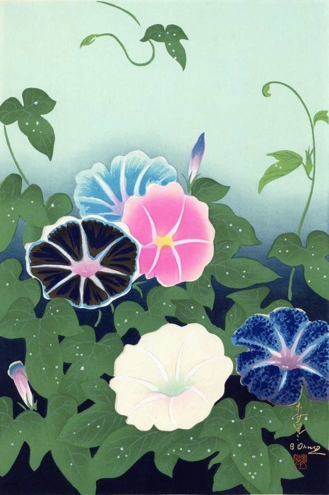 ‘Asagao’ 朝顔 (Japanese morning glories) - ca 1950-60 - Ono Bakufu 大野麦風 (1888-1976) - Published by Kyoto hanga'in 京都版画院 - Ιαπωνία