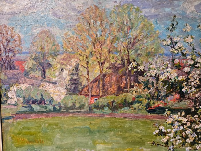 Marie Louise Helena Emile (Emmy) Meijer (1866-1940) - Impressionistisch Worpsweder zomers landschap met bloeiende fruitbomen en boerderij