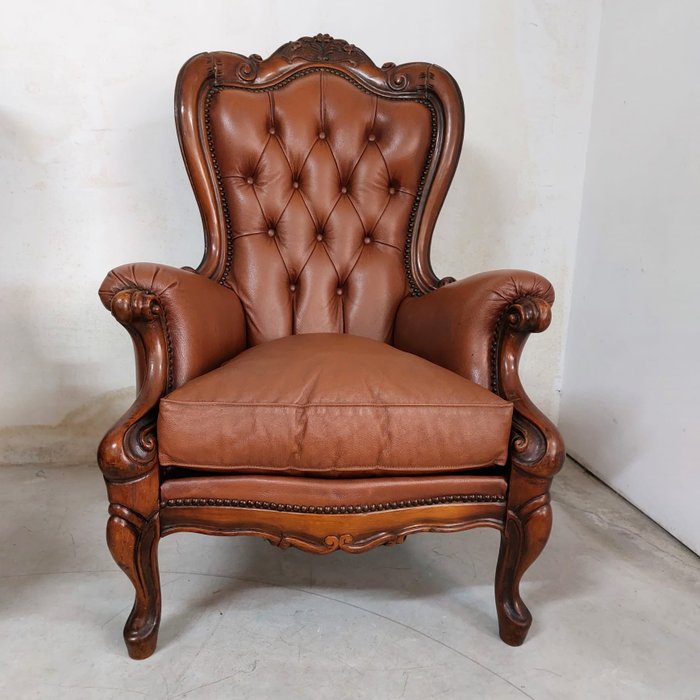 扶手椅 (1) - 切斯特菲爾德風格扶手椅 - 木, 皮革