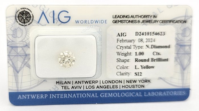 1 pcs Diamante  (Colorido natural)  - 1.00 ct - Light Amarelo - SI2 - Antwerp International Gemological Laboratories (AIG Israel)
