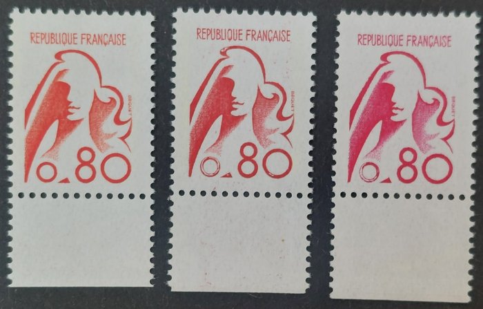 法國 1975 - 瑪麗安·德·貝克特，80 c。紅色，三種色調，小牛證書 - Yvert 1841A, 1841B et 1841C