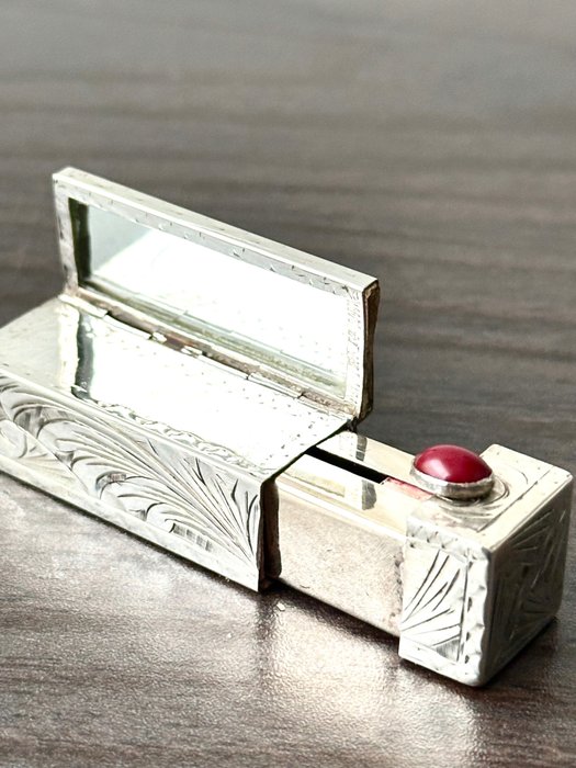 No reserve-Handgemaakte antieke zilveren Lipstickhouder met edelsteen en spiegel - Toilettengarnitur - Silber - 1920-1930