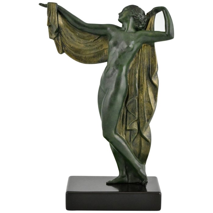 Max Le Verrier - Fayral, Pierre Le Faguays - Escultura, Art Deco naakt met sluier Venus - 21.5 cm - Mármol, Metal - 1930