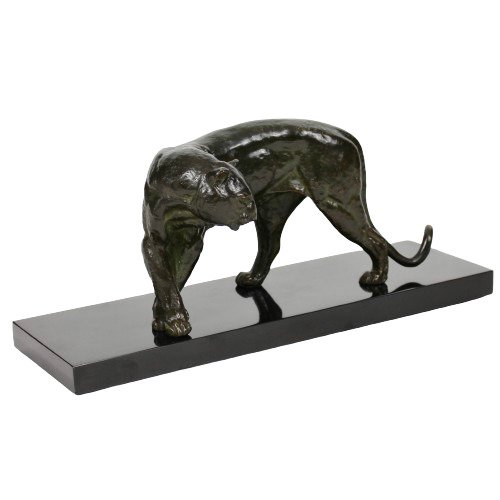 Irenee Rochard - Skulptur, Waakzame panter - Art Deco - 17 cm - Bronze und Marmor - 1930