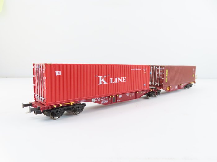 Mehano H0 - 58635 - Model wagonu towarowego (1) - 6-osiowy wagon do przewozu kontenerów z ładunkiem i nadrukiem „Gold” i „K-line” - Touax SA