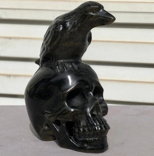 Obsidiana natural esculpida à mão em cristal de quartzo com caveira de corvo Polido - Altura: 120 mm - Largura: 90 mm- 500 g - (1)