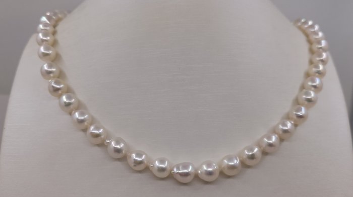 沒有保留價 - 頸鏈 7.5x8 毫米白色巴洛克 Akoya 珍珠 