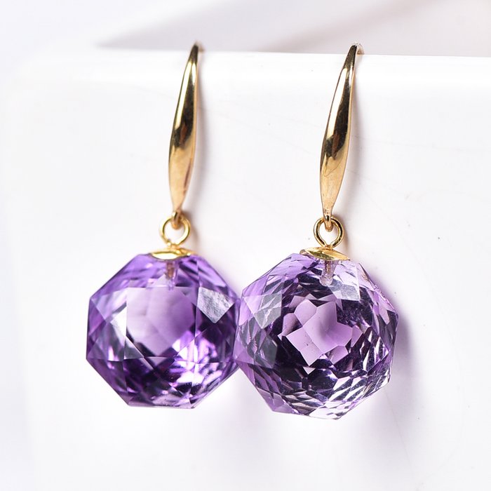 无底价 - 紫水晶耳环 - 精美手工切割和抛光 - 18K金- 2.4 g