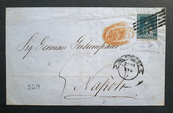 意大利古國－托斯卡尼 1858 - 6 淺藍色瘋狂字母，來自佛羅倫薩的 Lettera，橢圓形 AGDP 郵票貼在那不勒斯 - Sassone N. 15