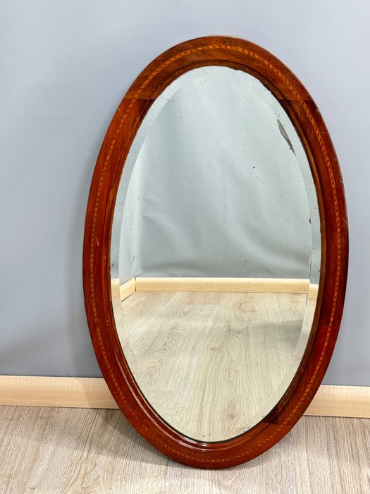 antieke ingelegde facet geslepen spiegel - Mirror  - Mahogany, Wood