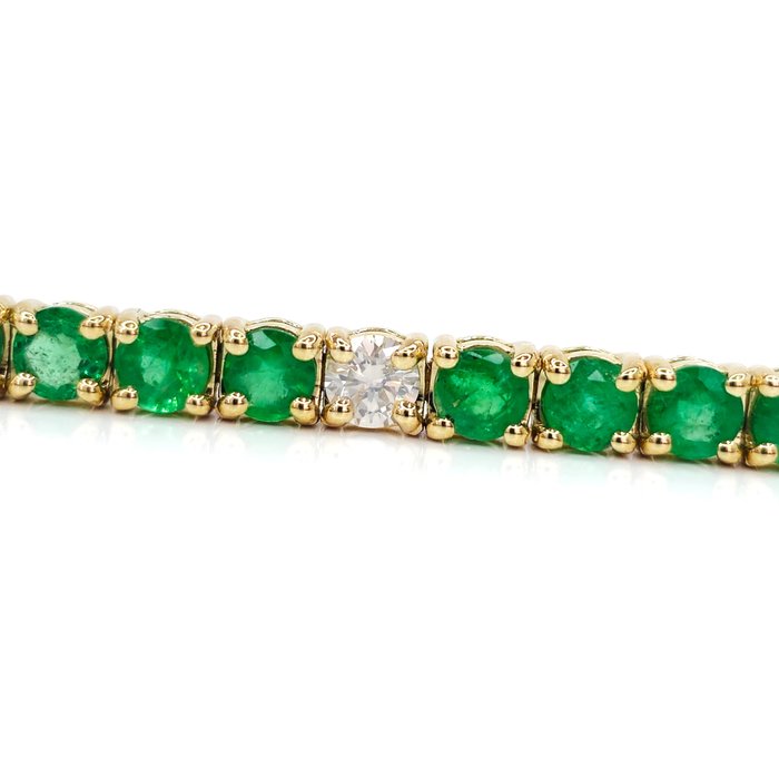 Utan reservationspris - 6.00 ct Green Emerald & 0.75 ct G to H Diamond Tennis Bracelet - 10.43 gr - Armband - 14 kt Gult guld Smaragd 